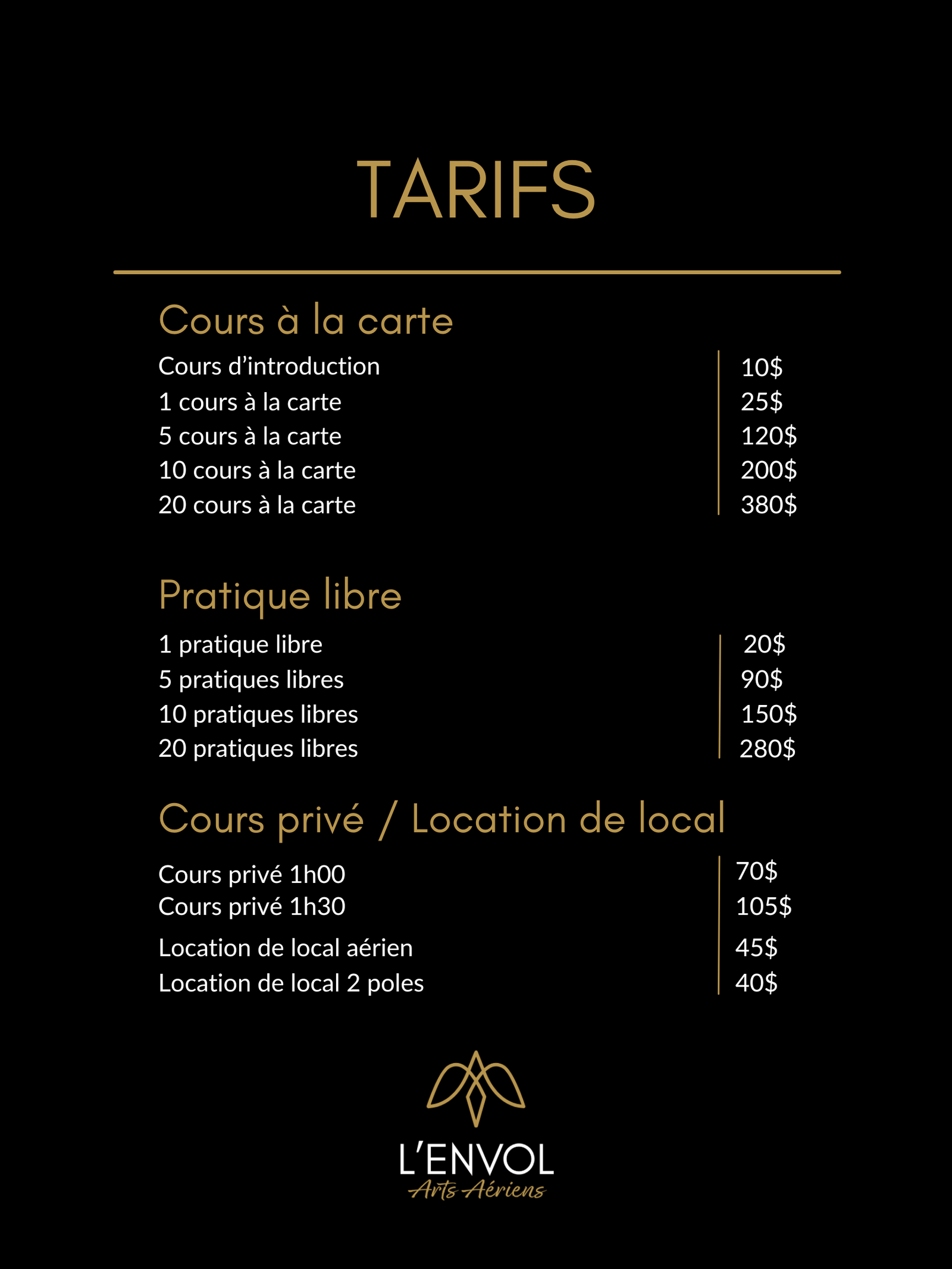 Tarifs L'Envol